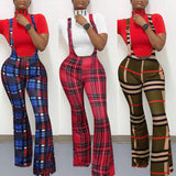 Women Plaid Catsuit Woman Checkered Jumpsuit Plaid Printed Strap One-Piece Fashion Slim Trousers Zipper Casual Bell-Bottom Pants