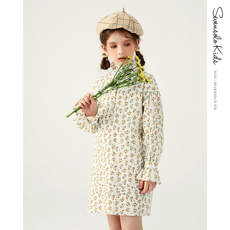 Girls' Floral Dress Puff Sleeve Children's Long Sleeve Princess Skirt Children Dress