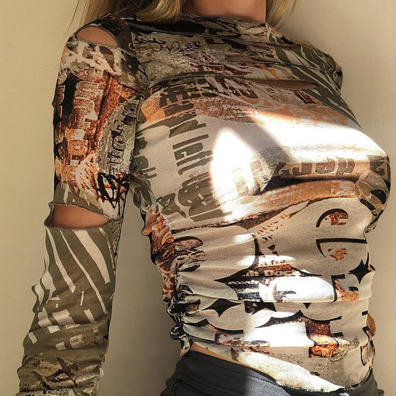 Music Festivals Rave Outfits Girls Tops Autumn and Winter Women's round Neck Long Sleeve Fashion Printing