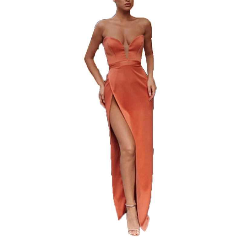 Burnt Orange Dress Solid Color Dress Tube Top Sexy Split Slimming Dress Party Evening Dress for Women