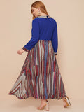 Muslim Women Stylish Kashibo Abaya Muslim Ladies Long Gown Islamic Clothing Jilbab Jalabiya Fashion Blue Printing Stitching Dress