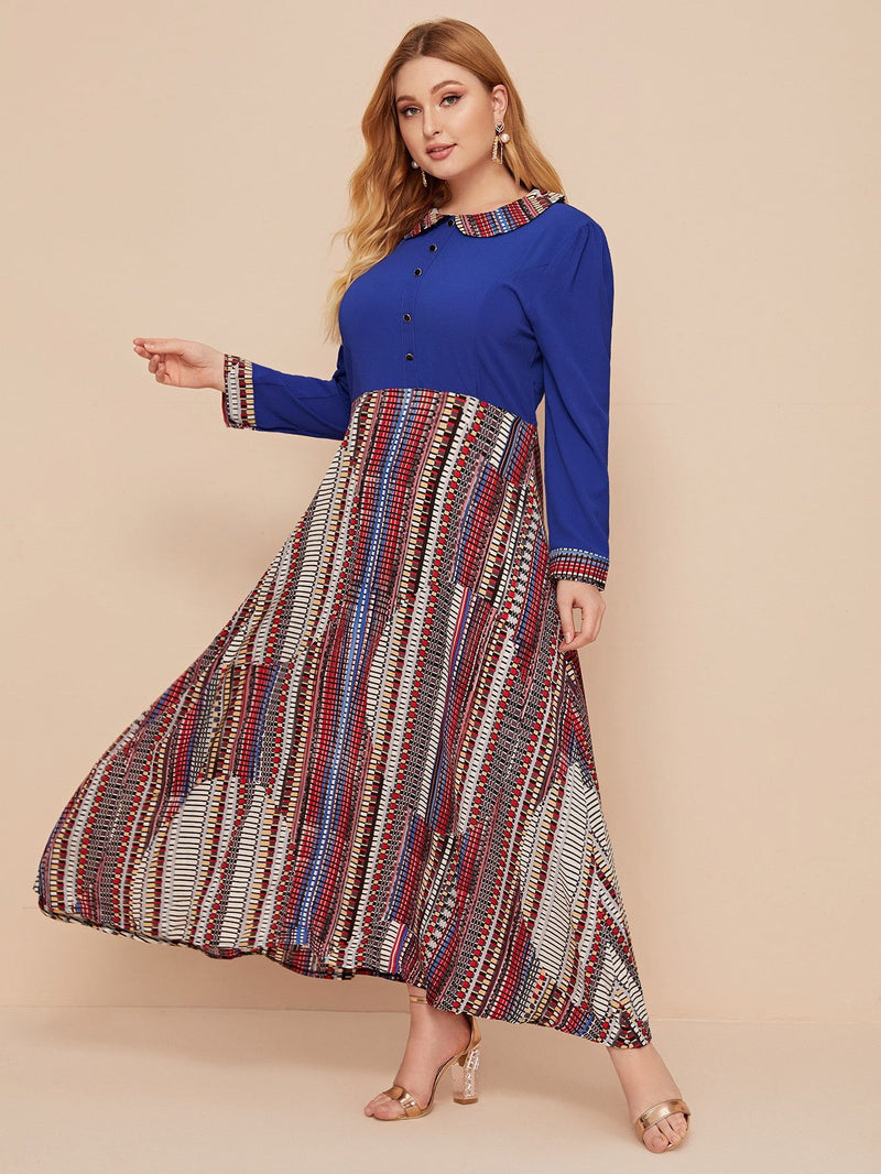 Muslim Women Stylish Kashibo Abaya Muslim Ladies Long Gown Islamic Clothing Jilbab Jalabiya Fashion Blue Printing Stitching Dress