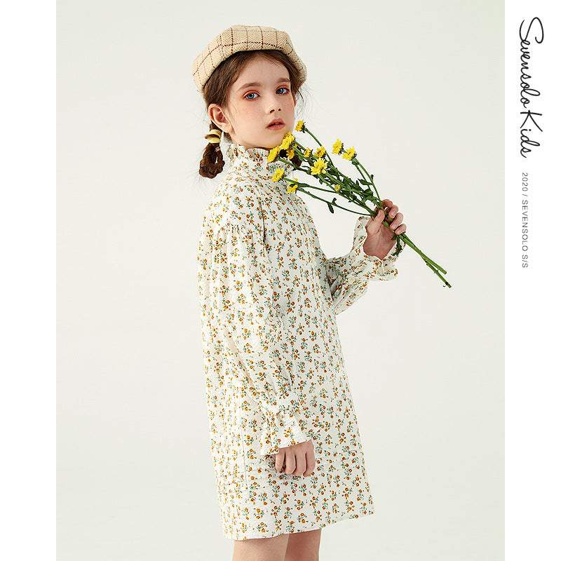 Girls' Floral Dress Puff Sleeve Children's Long Sleeve Princess Skirt Children Dress