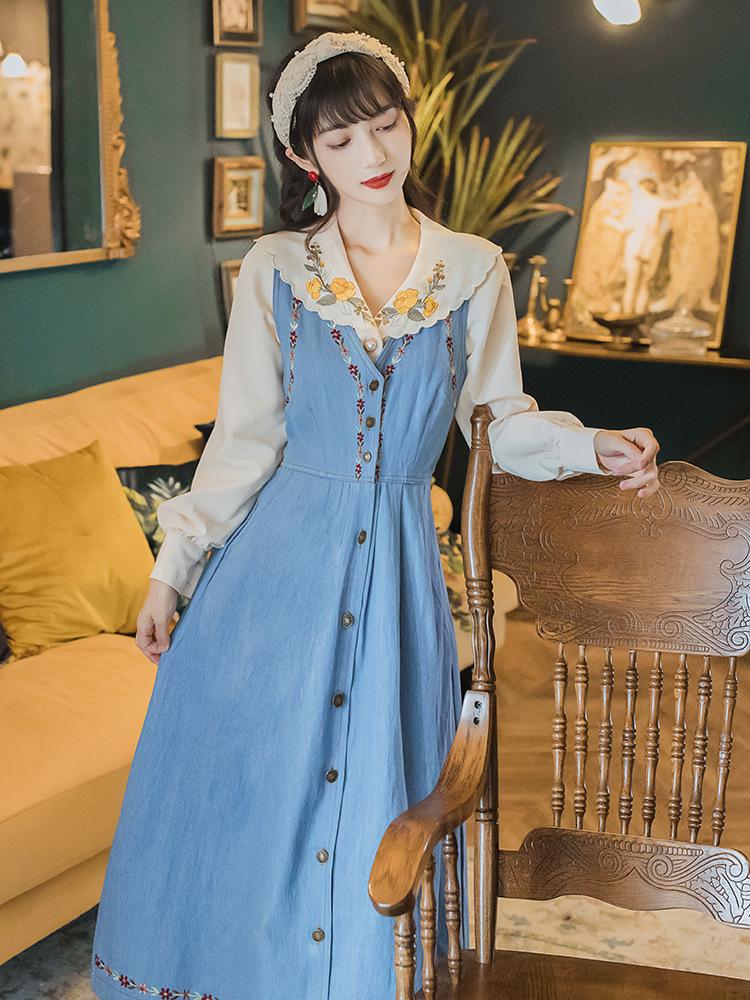 Suit Denim Brace Dress with Embroidered Doll Collar Shirt Sweet Two-Piece Set Autumn 2 Pieces Set  Cottagecore Academia Fashion Dresses