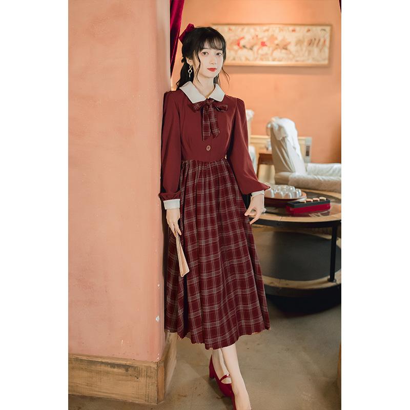 Long Dress Retro Plaid Skirt Dress Cottagecore Academia Fashion Dresses