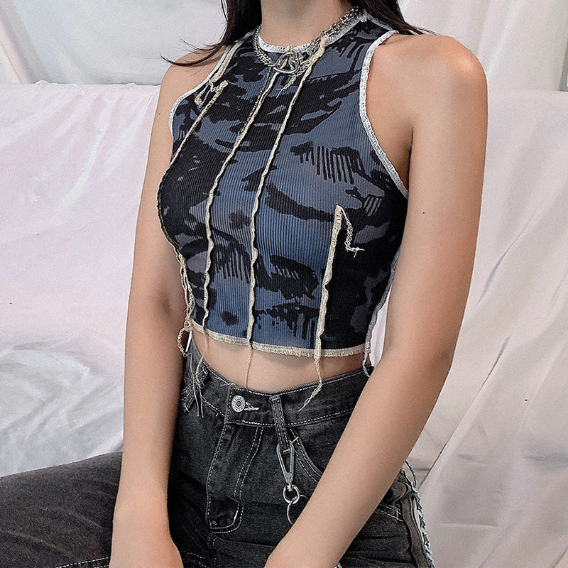 Music Festivals Rave Outfits Girls Tops Summer Women's round Neck Slim Fit Patchwork