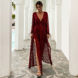 Burgundy Dresses For Wedding Tassel Sequins Party Dress Sexy Long Sleeve Deep V Slit Birthday Party Skirt Women