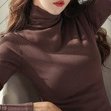 The Rock Turtleneck Warm Half Turtleneck Bottoming Shirt Women Autumn and Winter Solid Color Retro Long Sleeve T-shirt Women