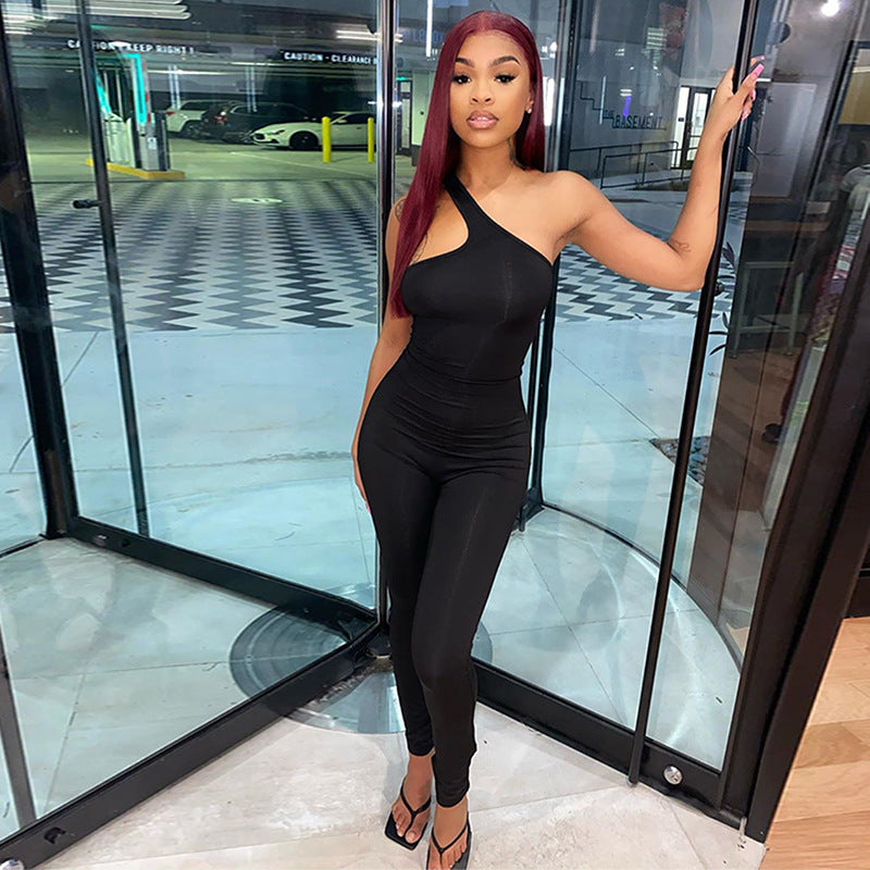 Autumn Oblique Shoulder Asymmetric Back Lace-up Cutout Sets Toe Slim Fit Hip Raise One-Piece Trousers