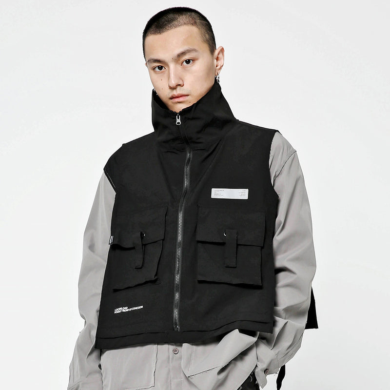 Men Sweater Vest Mechanical Style Reflective Sign Multi-Pocket Work Pants Zip Vest Men's Street Style Streamer Decorative Sleeveless Jacket