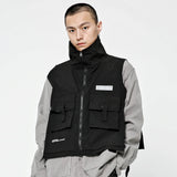 Men Sweater Vest Mechanical Style Reflective Sign Multi-Pocket Work Pants Zip Vest Men's Street Style Streamer Decorative Sleeveless Jacket