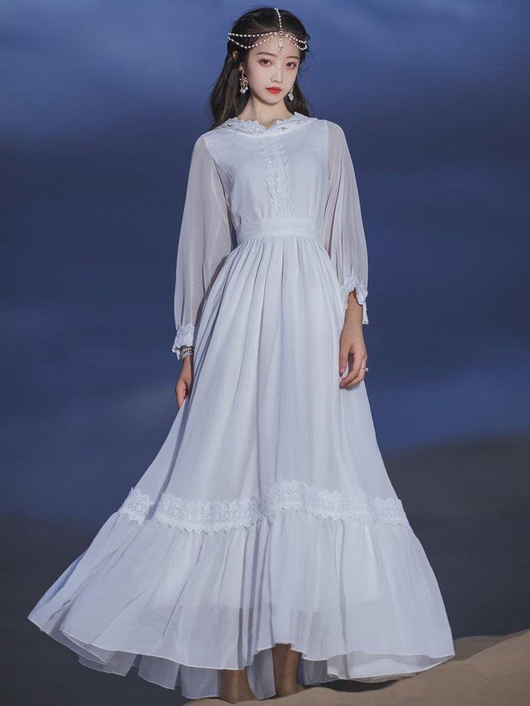 Autumn Retro Long-Sleeved Hooded Dress Tight Waist Large Swing Skirt Bohemia Retro Vintage Cottagecore Aesthetic