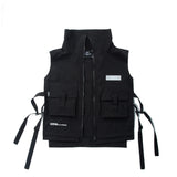 Men Sweater Vest Mechanical Style Reflective Sign Multi-Pocket Work Pants Zip Vest Men's Street Style Streamer Decorative Sleeveless Jacket