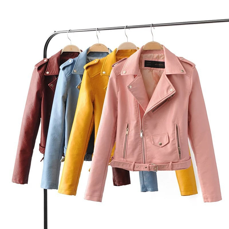 Women PU Leather Jacket Biker Motorcycle Coat Leather Coat Women's Belt PU Leather Jacket Jacket