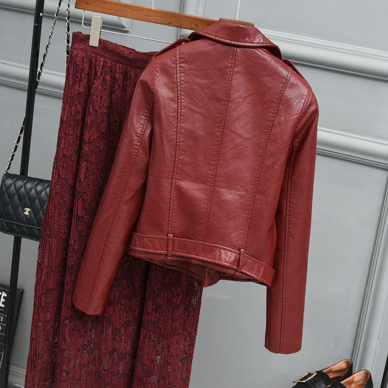 Women PU Leather Jacket Biker Motorcycle Coat Short Spring and Autumn Lapel Slim-Fit Figure Flattering Coat