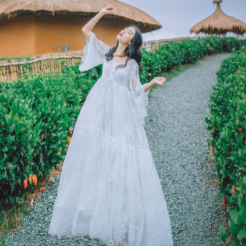 Spring and Summer Vintage Bell Sleeve White Lace Dress Bohemia Retro Vintage Cottagecore Aesthetic Flowy Victoria Cottage Core Boho Dress