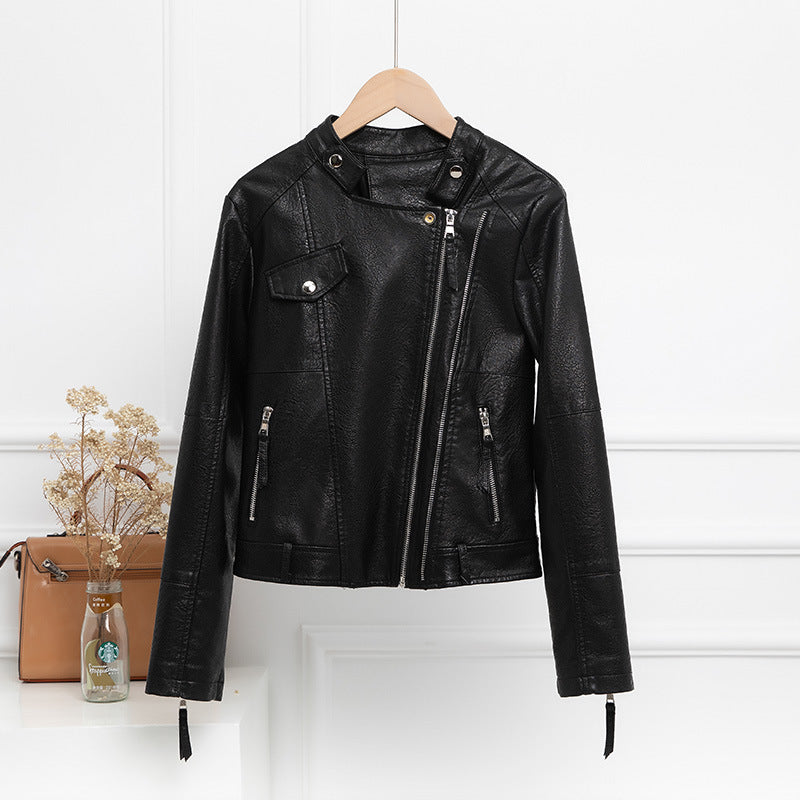 Women PU Leather Jacket Biker Motorcycle Coat Spring Leather Coat Short Slim Fit Slimming High Waist Small Coat