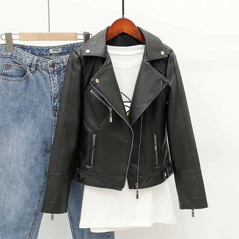 Women PU Leather Jacket Biker Motorcycle Coat Spring Rivet Suit Collar Slim Short Coat