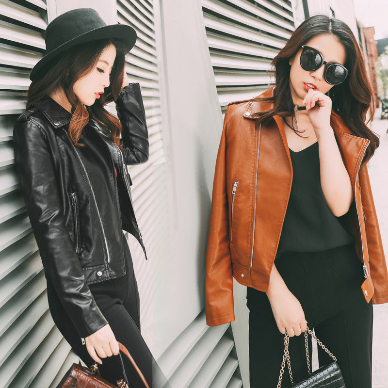 Women PU Leather Jacket Biker Motorcycle Coat Spring and Autumn Lapel Slim Figure Flattering Leather Jacket Small Coat