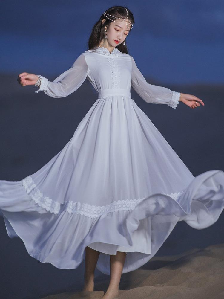 Autumn Retro Long-Sleeved Hooded Dress Tight Waist Large Swing Skirt Bohemia Retro Vintage Cottagecore Aesthetic