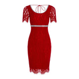 Women Spring Dress Lace Sexy Dress Cinched Slimming Short Sleeves Back Slit Dress