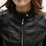 Women PU Leather Jacket Biker Motorcycle Coat Spring and Autumn Stand-Up Collar Slim-Fit Long-Sleeved Jacket