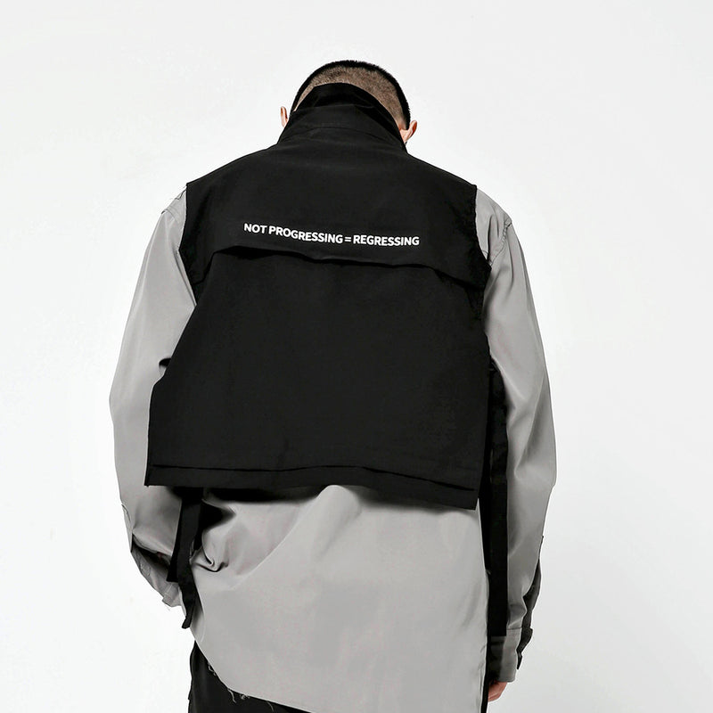 Men Sweater Vest Mechanical Style Reflective Sign Multi-Pocket Work Pants Zip Vest Men's Street Style Streamer Decorative Sleeveless Jacket