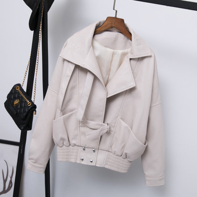 Women PU Leather Jacket Biker Motorcycle Coat Spring Wear Student BF Loose High Waist Biker's Leather Jacket Coat