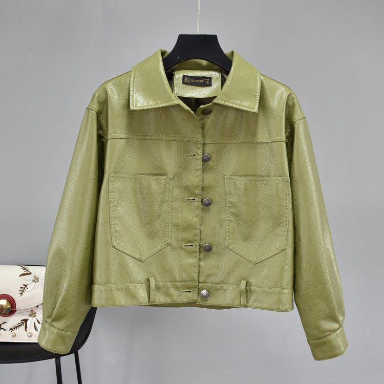 Women PU Leather Jacket Biker Motorcycle Coat Loose Autumn Lapel High Waist Slimming Jacket