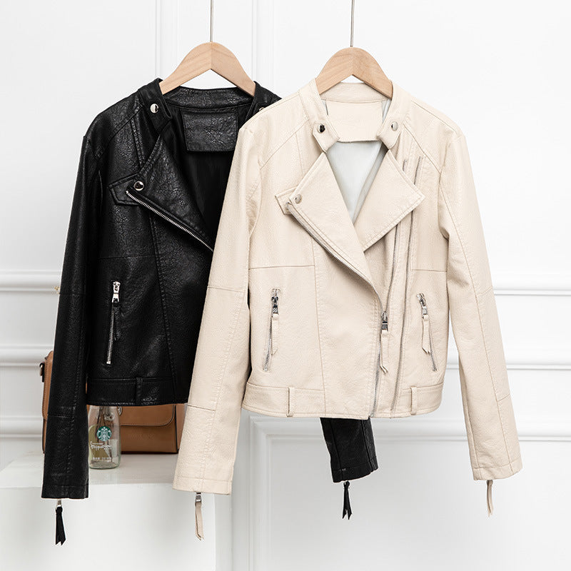 Women PU Leather Jacket Biker Motorcycle Coat Spring Leather Coat Short Slim Fit Slimming High Waist Small Coat