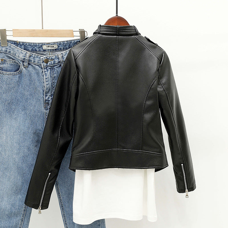 Women PU Leather Jacket Biker Motorcycle Coat Spring Stand Collar Handsome Fashion Short Coat Leather