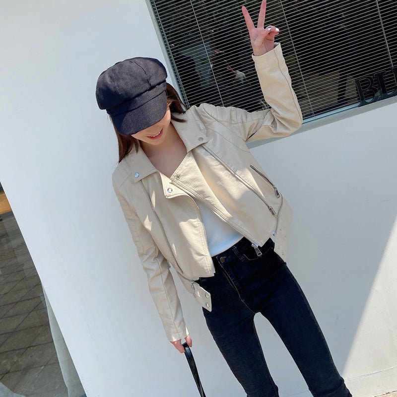 Women PU Leather Jacket Biker Motorcycle Coat Spring Leather Short Oblique Zipper Lapel Biker's Leather Jacket Coat