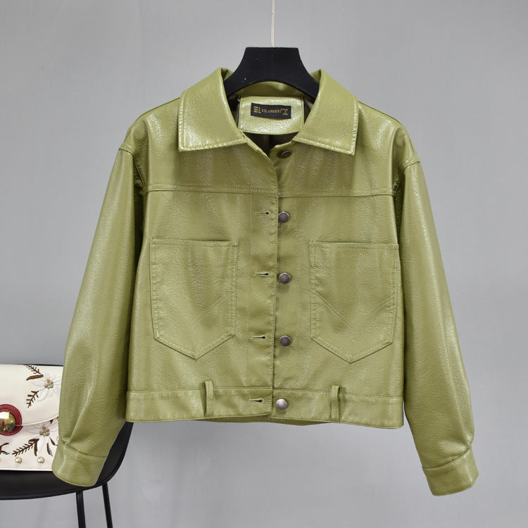 Women PU Leather Jacket Biker Motorcycle Coat Women's Loose Lapels High Waist Green Leather Jacket