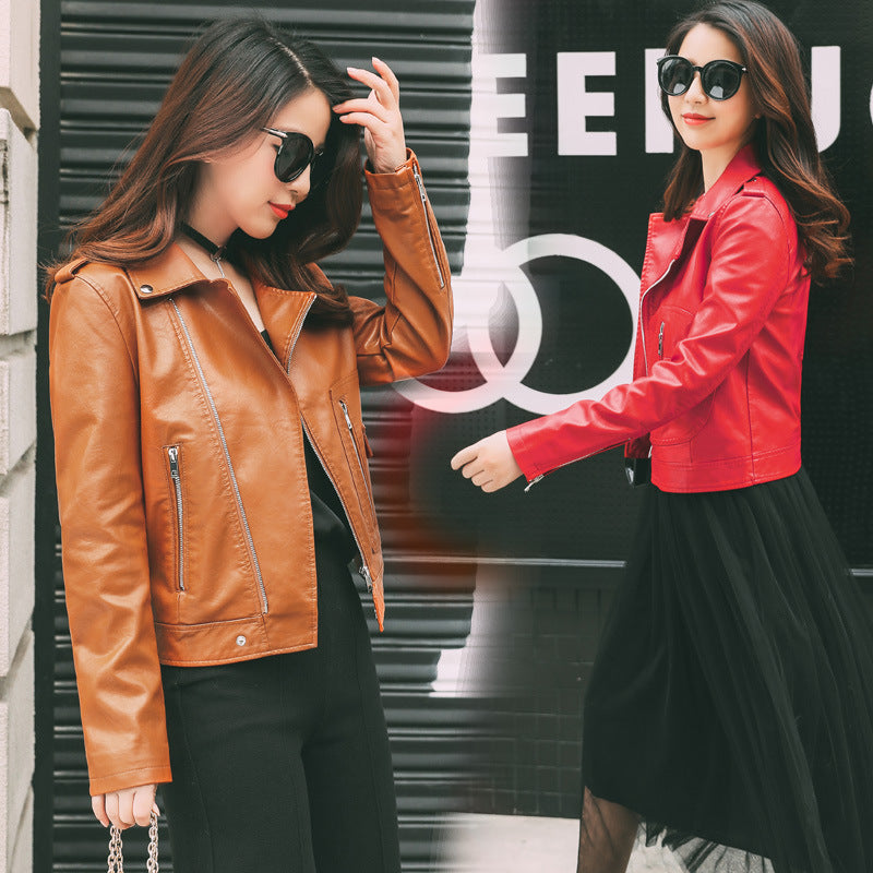 Women PU Leather Jacket Biker Motorcycle Coat Spring and Autumn Lapel Slim Figure Flattering Leather Jacket Small Coat