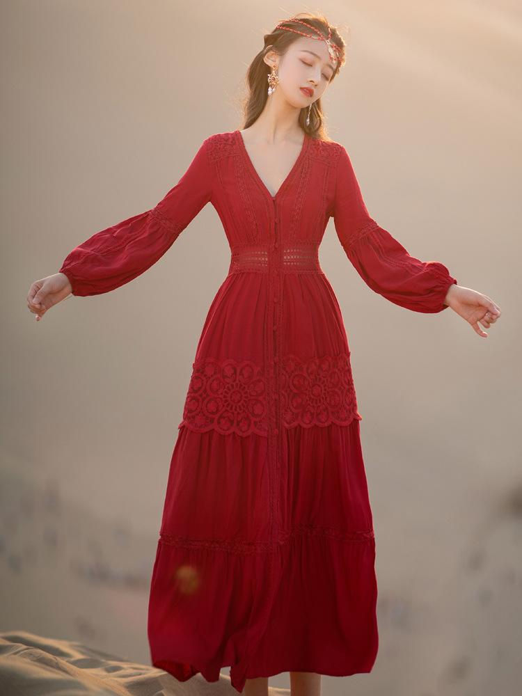 Autumn Retro Hollow Dress Red Bohemia Retro Vintage Cottagecore Aesthetic Flowy Victoria Cottage Core Boho Dress