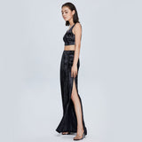 Women Spring Dress Fall High Waist Velvet Suit Split Sleeveless Vest Two-Piece Set