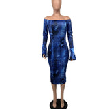 Women's Printed Wear Long Sleeve off Shoulder Sexy Flare Sleeve fang niu zi Dress