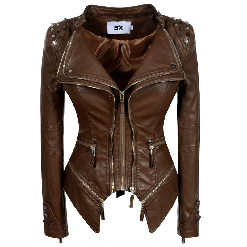 Leather Biker Coat Golden Leather Jacket Women Pu Jackets Waist Slimming Rivet Slim Washed Motorcycle Leather Coat