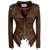 Leather Biker Coat Golden Leather Jacket Women Pu Jackets Waist Slimming Rivet Slim Washed Motorcycle Leather Coat