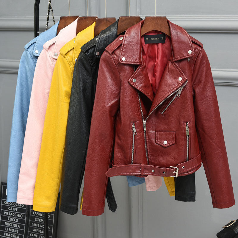 Women PU Leather Jacket Biker Motorcycle Coat Short Spring and Autumn Lapel Slim-Fit Figure Flattering Coat