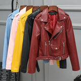 Women PU Leather Jacket Biker Motorcycle Coat Short Spring and Autumn Lapel Slim-Fit Figure Flattering Coat