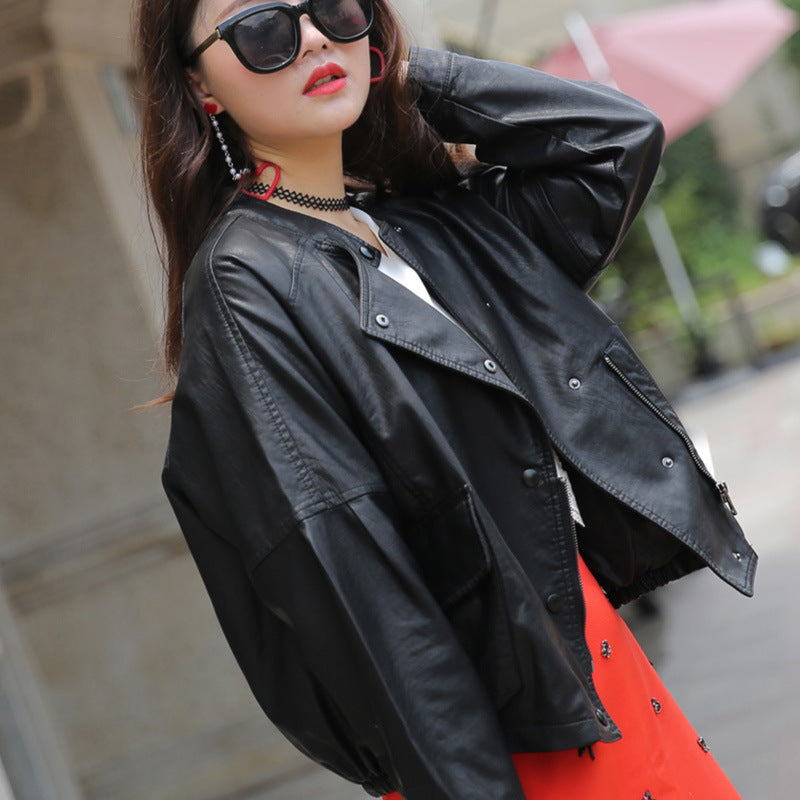 Women PU Leather Jacket Biker Motorcycle Coat Autumn and Winter Loose Comfortable Stand Collar Short PU Leather Coat