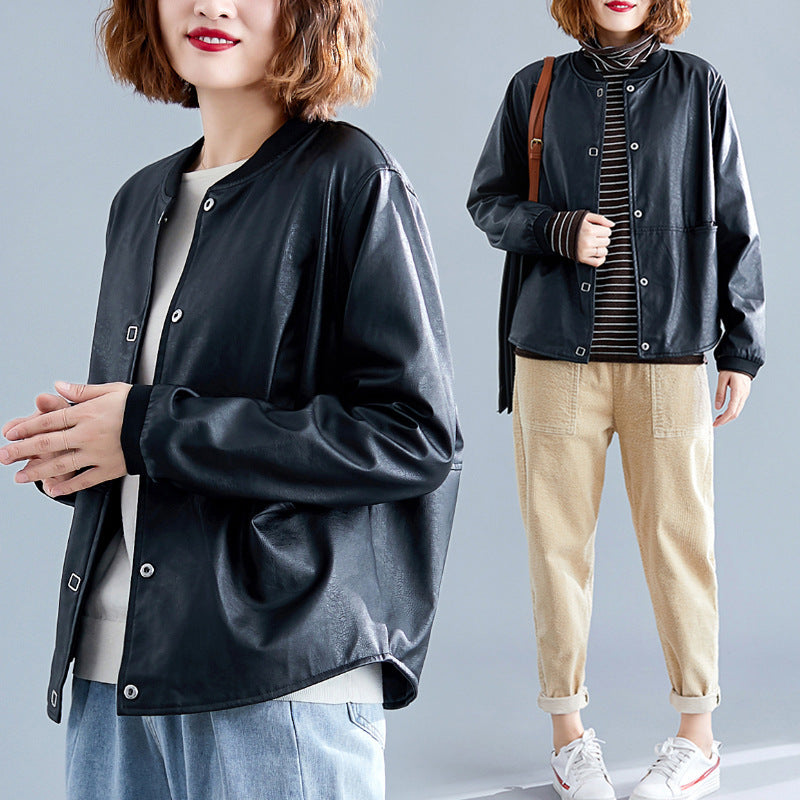 Women PU Leather Jacket Biker Motorcycle Coat Solid Color Short Spring and Autumn Long Sleeve Jacket Baseball Uniform