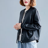 Women PU Leather Jacket Biker Motorcycle Coat Solid Color Short Spring and Autumn Long Sleeve Jacket Baseball Uniform