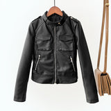 Women PU Leather Jacket Biker Motorcycle Coat Spring Stand Collar Handsome Fashion Short Coat Leather