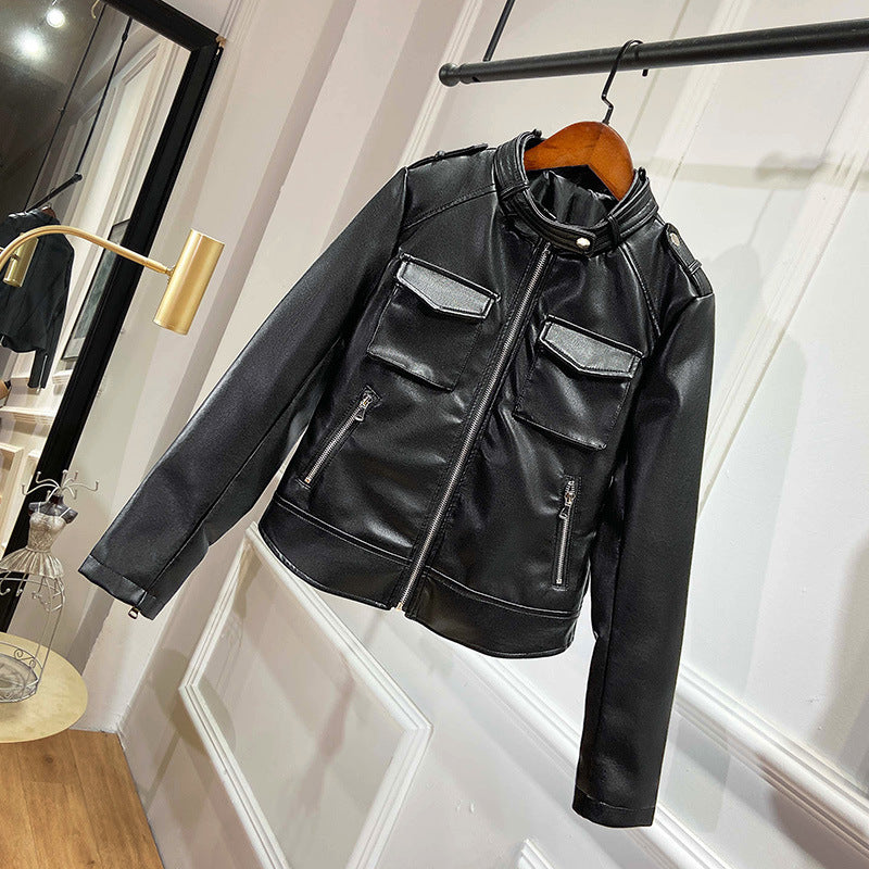 Women PU Leather Jacket Biker Motorcycle Coat Spring Stand Collar Handsome Fashion Short Coat Leather