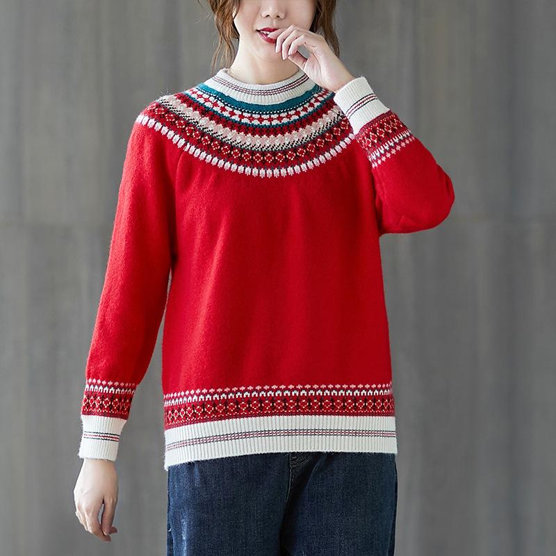 Fair Isle Sweater Cottagecore Outfits for Women Autumn Winter plus Size Loose Fashion Casual round Neck Knitwear Sweater