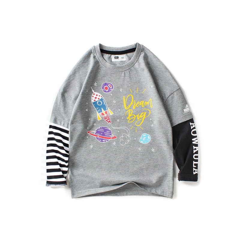 Spring Tops Children and Teens Long Sleeves Pure Cotton Fake Two Pieces Top