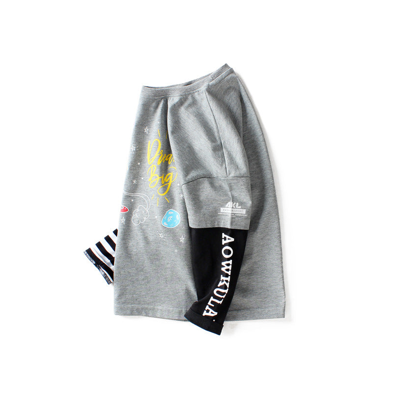 Spring Tops Children and Teens Long Sleeves Pure Cotton Fake Two Pieces Top