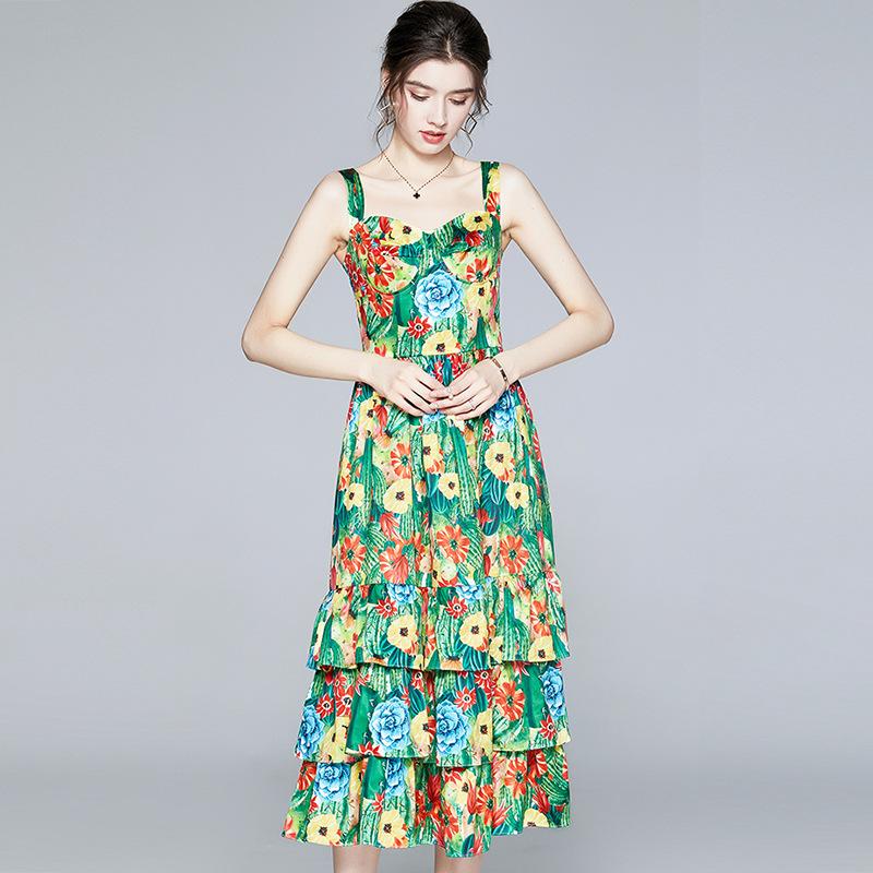 Retro Spaghetti Straps Cake Dress High Waist Cactus Print Cottagecore Aesthetic Dresses